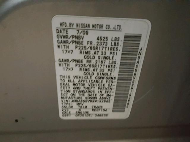 JN8AS58V89W192665 - 2009 NISSAN ROGUE S SILVER photo 10