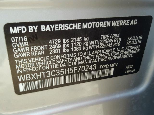 WBXHT3C35H5F70243 - 2017 BMW X1 XDRIVE2 SILVER photo 10