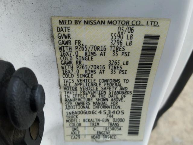 1N6AD06UX6C453405 - 2006 NISSAN FRONTIER K WHITE photo 10