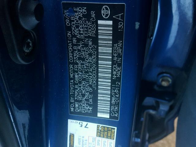 JTDKB20U297830212 - 2009 TOYOTA PRIUS BLUE photo 10