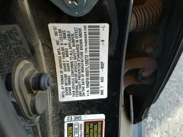 1HGFA16507L126272 - 2007 HONDA CIVIC LX BLACK photo 10