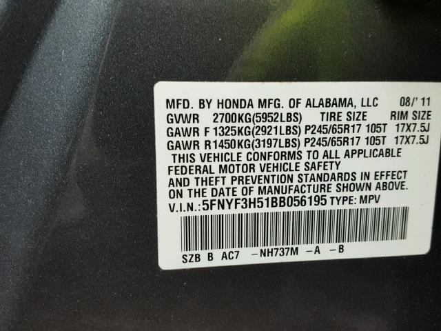 5FNYF3H51BB056195 - 2011 HONDA PILOT EXL BLUE photo 10