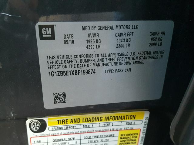 1G1ZB5E1XBF199874 - 2011 CHEVROLET MALIBU LS CHARCOAL photo 10