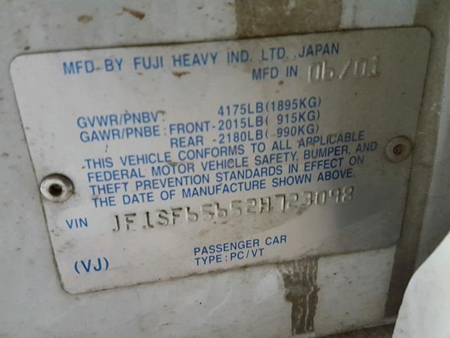 JF1SF65652H723098 - 2002 SUBARU FORESTER S Սպիտակ լուսանկար 10