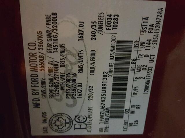 1FMZU67K35UB91382 - 2005 FORD EXPLORER S RED photo 10