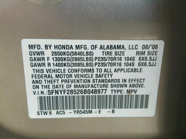 5FNYF28526B048977 - 2006 HONDA PILOT EX GOLD photo 10