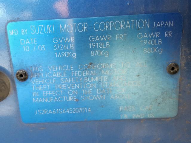 JS2RA61S645207014 - 2004 SUZUKI AERIO S BLUE photo 10