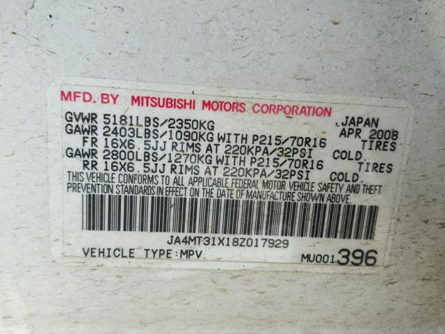 JA4MT31X18Z017929 - 2008 MITSUBISHI OUTLANDER WHITE photo 10