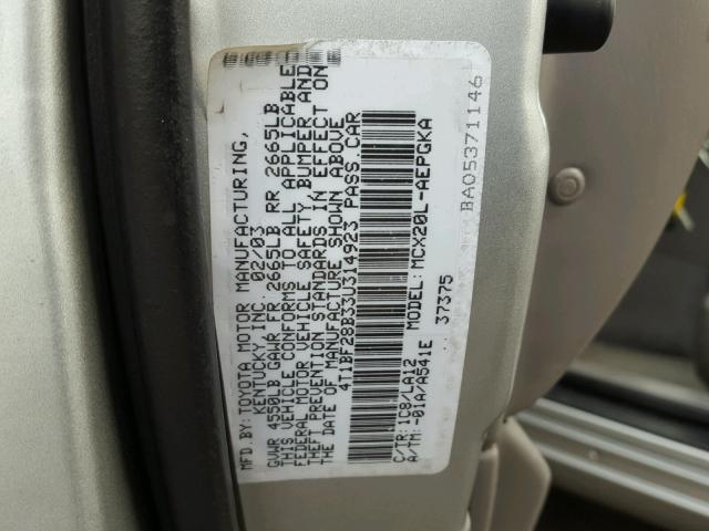 4T1BF28B33U314923 - 2003 TOYOTA AVALON XLS SILVER photo 10