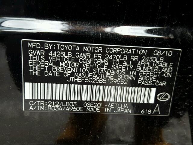 JTHBF5C25B5129552 - 2011 LEXUS IS 250 BLACK photo 10