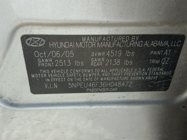 5NPEU46F36H048472 - 2006 HYUNDAI SONATA GLS BEIGE photo 10