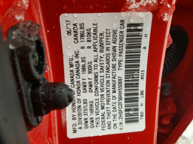 2HGFC2F56HH550697 - 2017 HONDA CIVIC LX RED photo 10