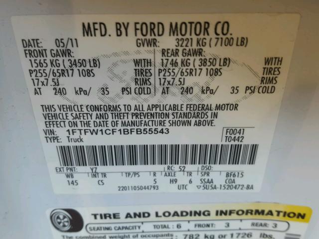 1FTFW1CF1BFB55543 - 2011 FORD F150 SUPER WHITE photo 10