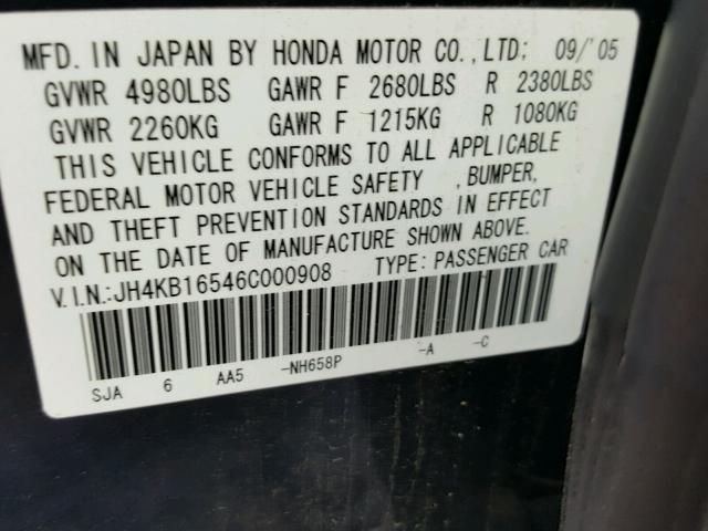 JH4KB16546C000908 - 2006 ACURA RL ლურჯი ფოტო 10