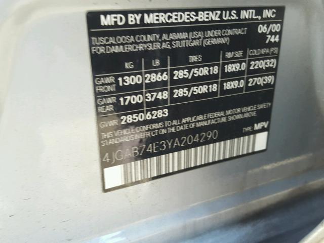 4JGAB74E3YA204290 - 2000 MERCEDES-BENZ ML 55 SILVER photo 10