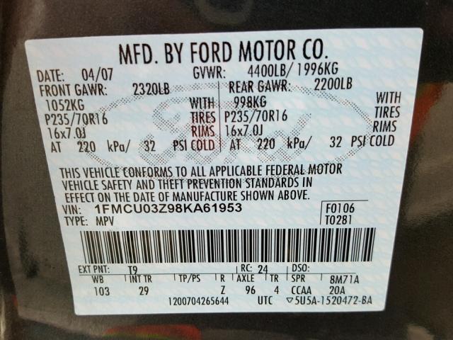 1FMCU03Z98KA61953 - 2008 FORD ESCAPE XLT BLUE photo 10