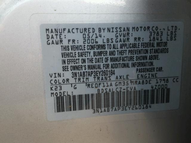 3N1AB7AP3EY260184 - 2014 NISSAN SENTRA S GRAY photo 10