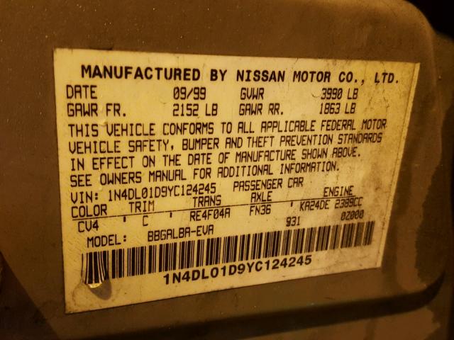 1N4DL01D9YC124245 - 2000 NISSAN ALTIMA XE GOLD photo 10