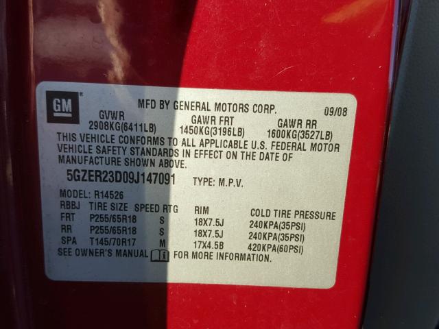 5GZER23D09J147091 - 2009 SATURN OUTLOOK XR წითელი ფოტო 10