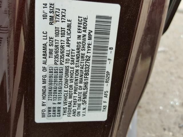 5FNRL5H61FB032762 - 2015 HONDA ODYSSEY EX ბურგუნდია ფოტო 10