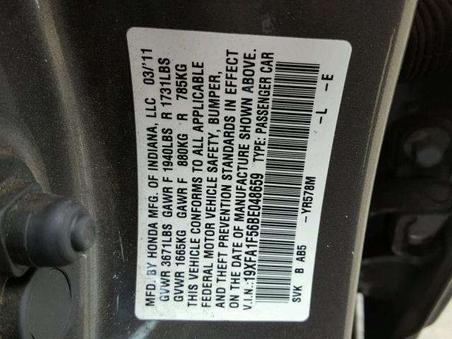 19XFA1F56BE048659 - 2011 HONDA CIVIC LX GRAY photo 10