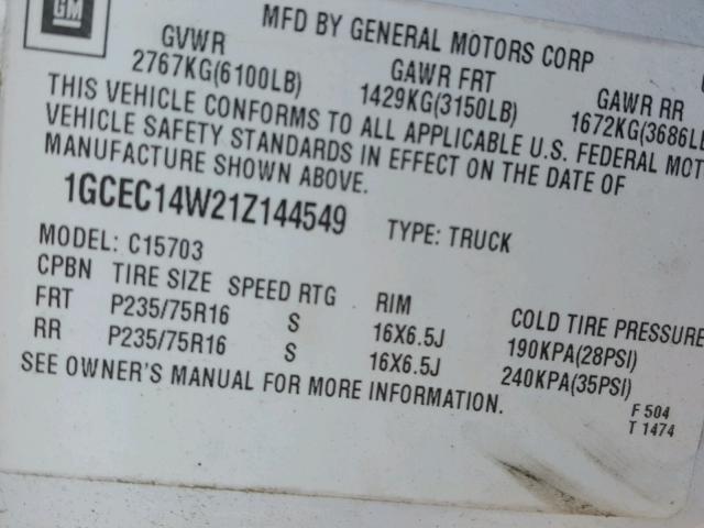 1GCEC14W21Z144549 - 2001 CHEVROLET SILVERADO WHITE photo 10