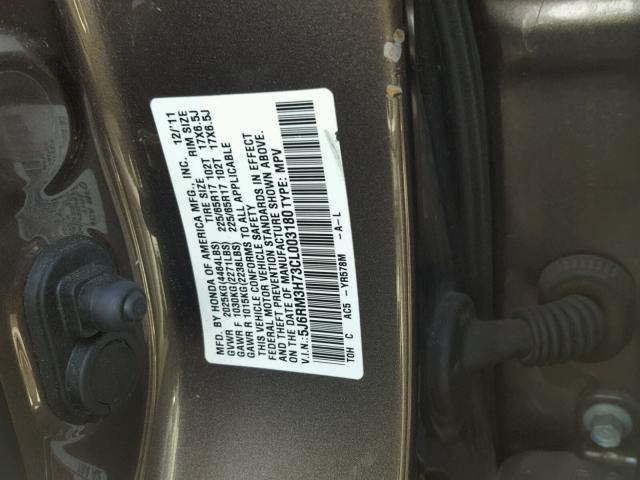 5J6RM3H73CL003180 - 2012 HONDA CR-V EXL CHARCOAL photo 10