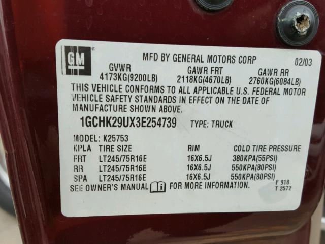 1GCHK29UX3E254739 - 2003 CHEVROLET SILVERADO MAROON photo 10