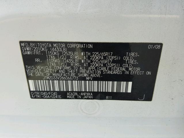 JTMZD33V286066773 - 2008 TOYOTA RAV4 WHITE photo 10