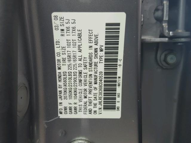 JHLRE38368C040539 - 2008 HONDA CR-V LX SILVER photo 10