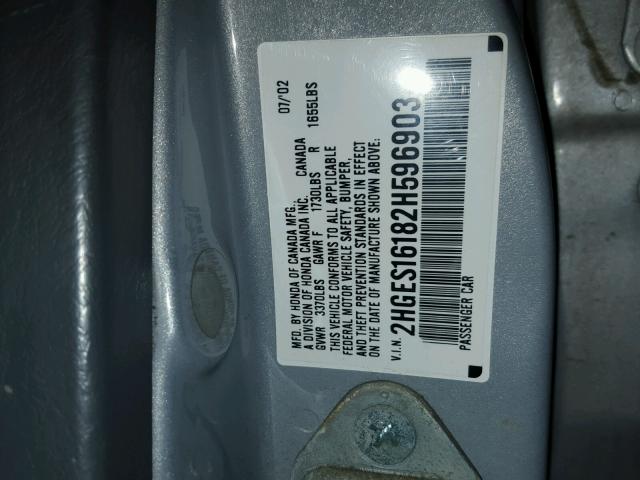 2HGES16182H596903 - 2002 HONDA CIVIC DX SILVER photo 10