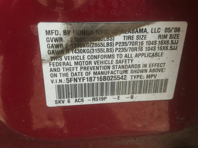 5FNYF18716B025542 - 2006 HONDA PILOT EX BURGUNDY photo 10