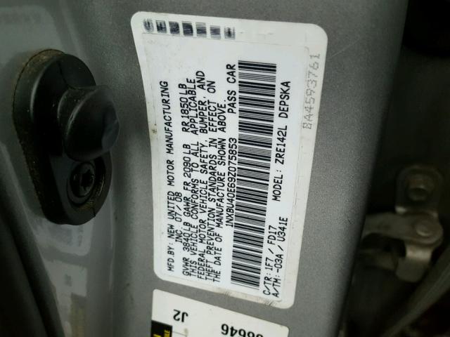 1NXBU40E69Z075853 - 2009 TOYOTA COROLLA BA SILVER photo 10