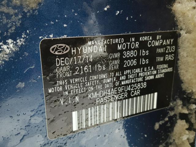 KMHDH4AE9FU425838 - 2015 HYUNDAI ELANTRA SE BLUE photo 10