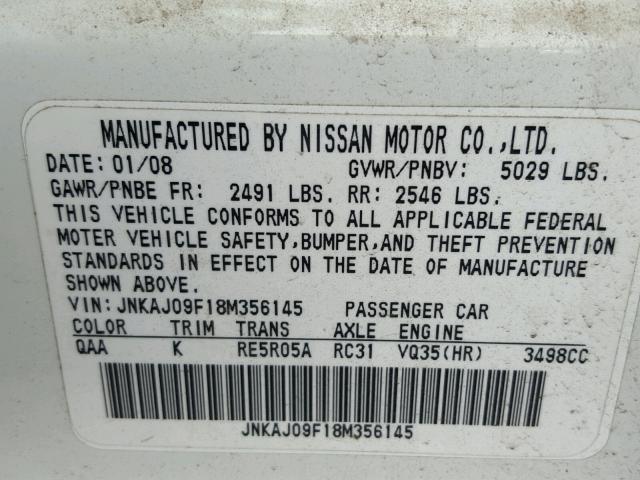 JNKAJ09F18M356145 - 2008 INFINITI EX35 BASE WHITE photo 10