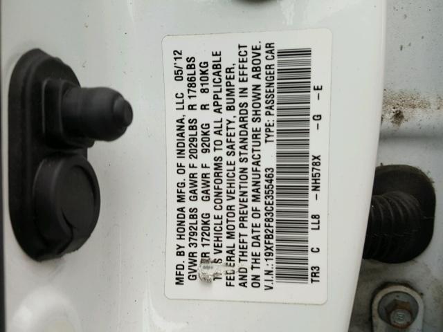 19XFB2F83CE355463 - 2012 HONDA CIVIC EX WHITE photo 10