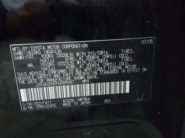 JTEGD20V050089047 - 2005 TOYOTA RAV4 BLACK photo 10