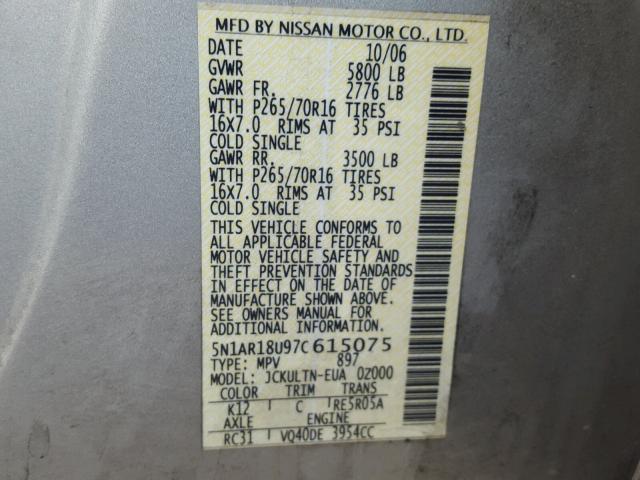 5N1AR18U97C615075 - 2007 NISSAN PATHFINDER SILVER photo 10