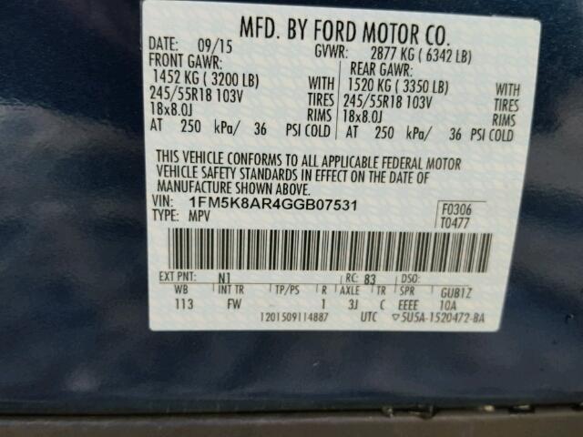 1FM5K8AR4GGB07531 - 2016 FORD EXPLORER P BLUE photo 10