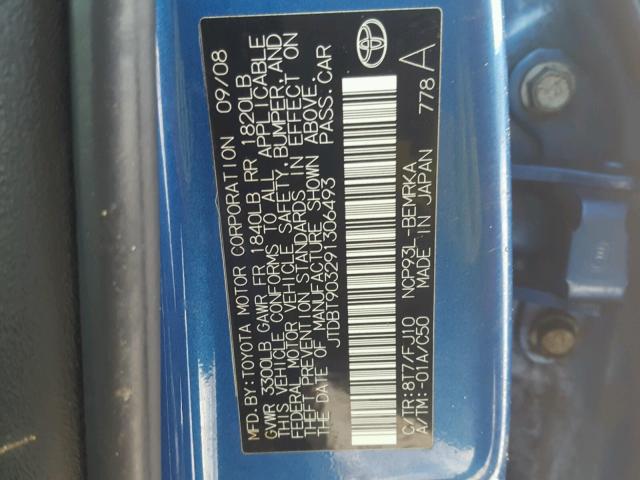 JTDBT903291306493 - 2009 TOYOTA YARIS BLUE photo 10