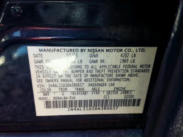 1N4AL11D16N386657 - 2006 NISSAN ALTIMA S BLUE photo 10