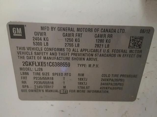 2GKFLXE51C6388659 - 2012 GMC TERRAIN SL WHITE photo 10