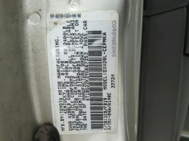 4T1BG22K3YU667353 - 2000 TOYOTA CAMRY CE SILVER photo 10