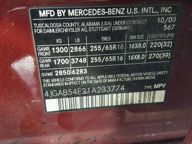 4JGAB54E21A233774 - 2001 MERCEDES-BENZ ML 320 RED photo 10