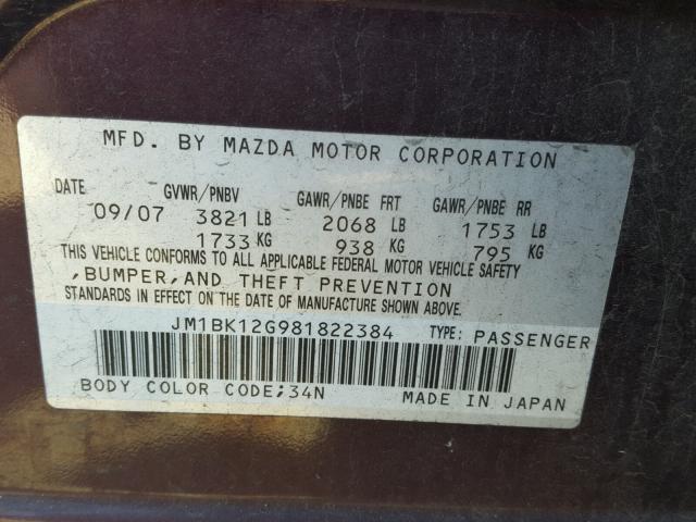 JM1BK12G981822384 - 2008 MAZDA 3 I PURPLE photo 10