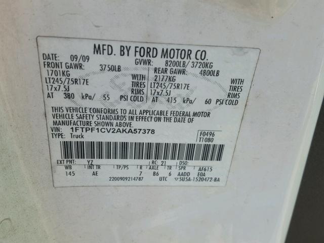 1FTPF1CV2AKA57378 - 2010 FORD F150 WHITE photo 10