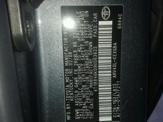 4T1BB46K09U063622 - 2009 TOYOTA CAMRY HYBR GRAY photo 10