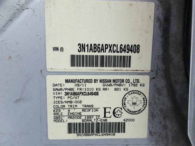 3N1AB6APXCL649408 - 2012 NISSAN SENTRA 2.0 SILVER photo 10