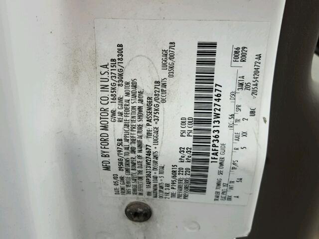 1FAFP36313W274677 - 2003 FORD FOCUS SE WHITE photo 10