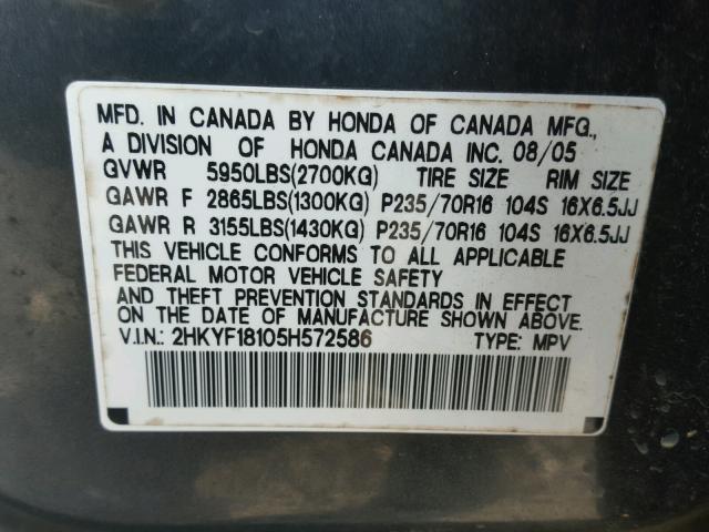 2HKYF18105H572586 - 2005 HONDA PILOT LX GRAY photo 10